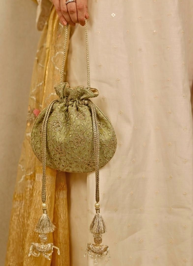 Green Embroidered Tissue Potli Amyra - Fabilicious Fashion