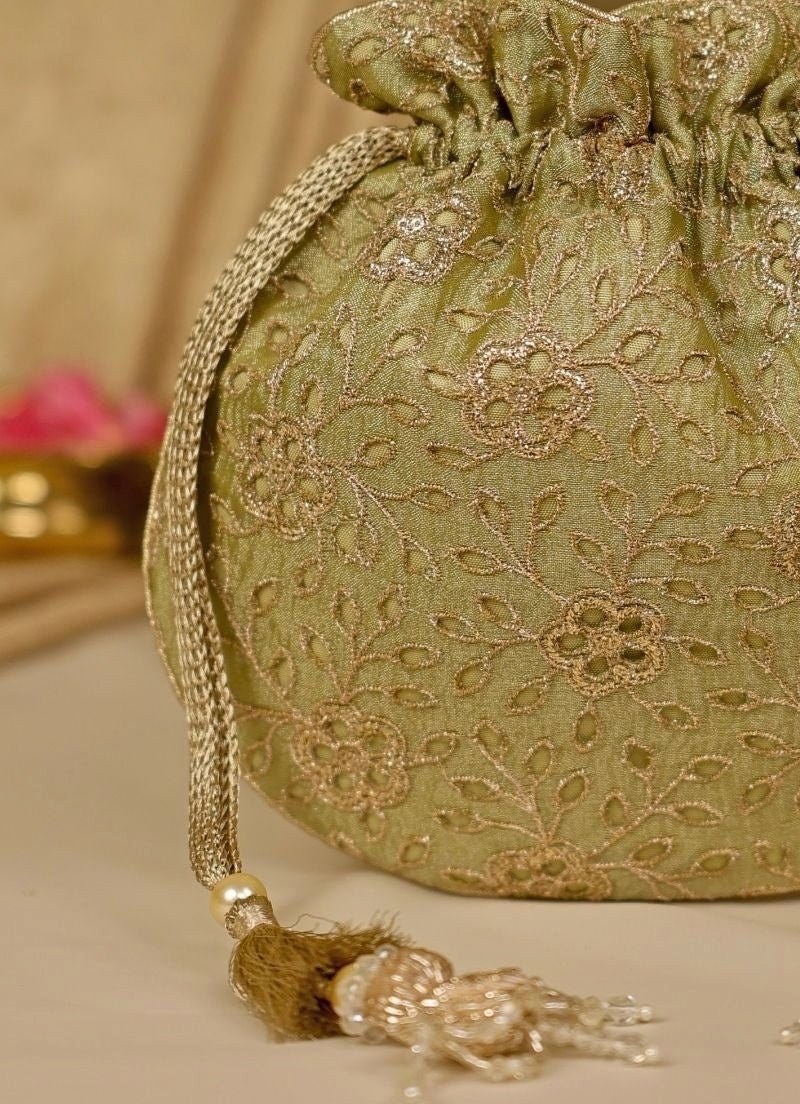 Green Embroidered Tissue Potli Amyra - Fabilicious Fashion