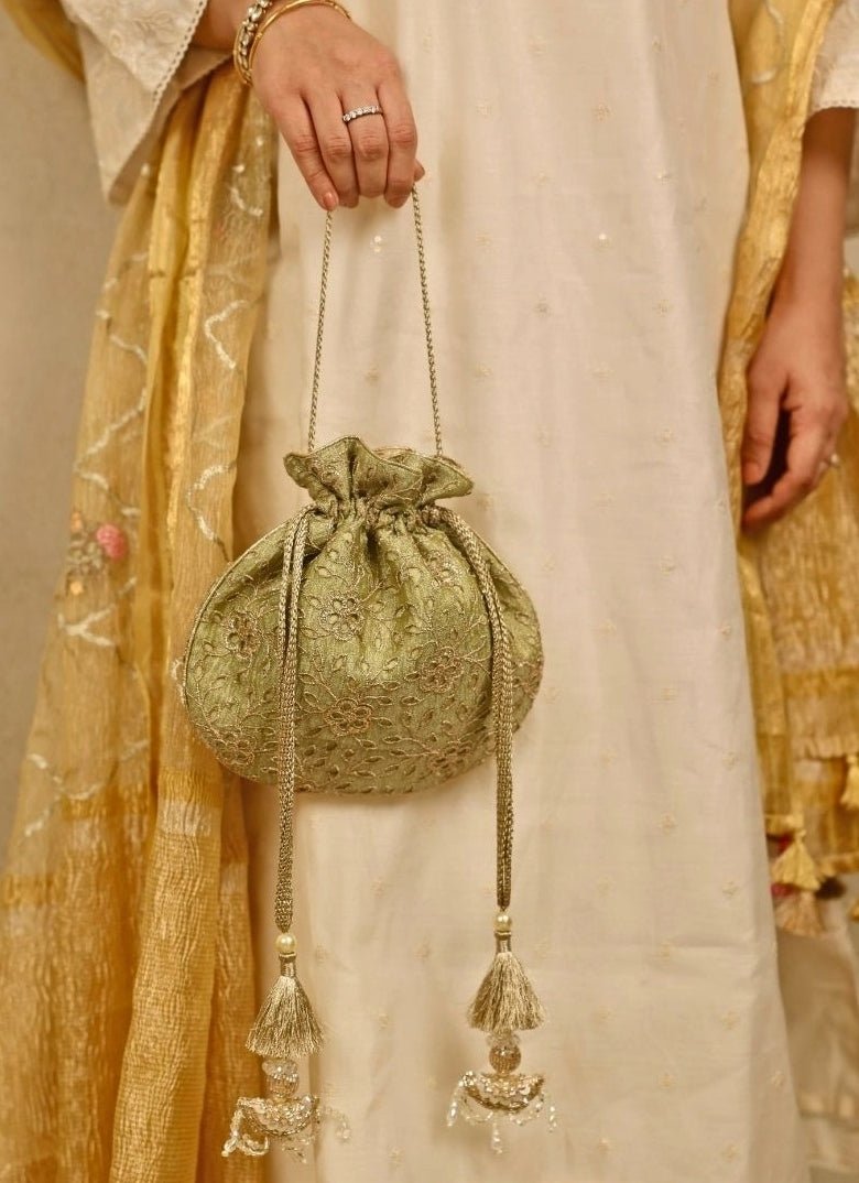 Green Embroidered Tissue Potli Amyra - Fabilicious Fashion