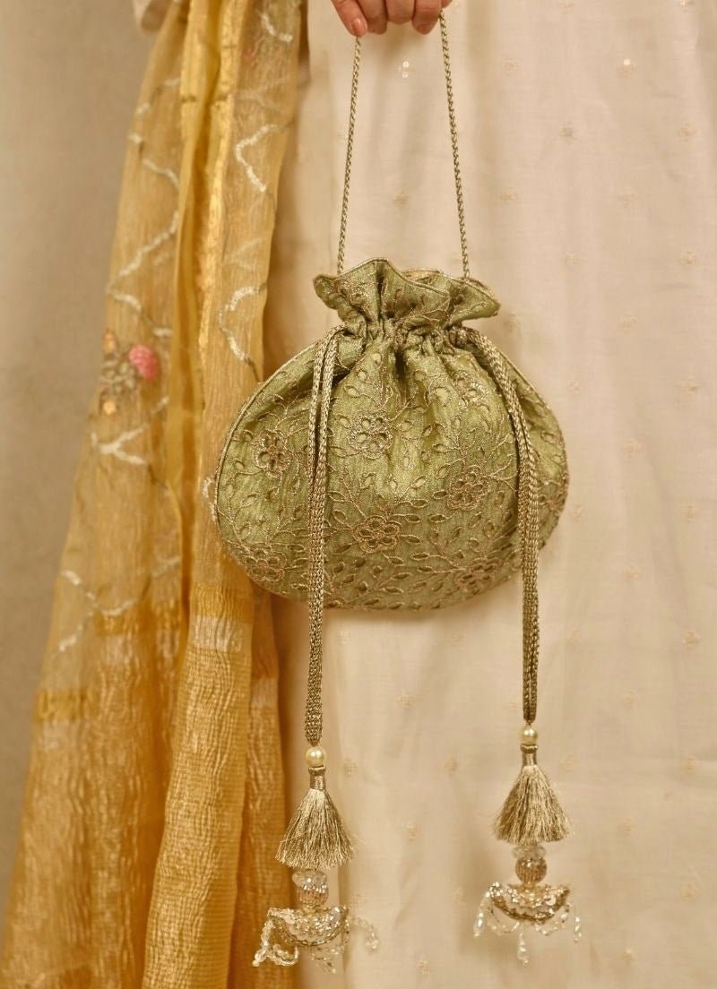 Green Embroidered Tissue Potli Amyra - Fabilicious Fashion