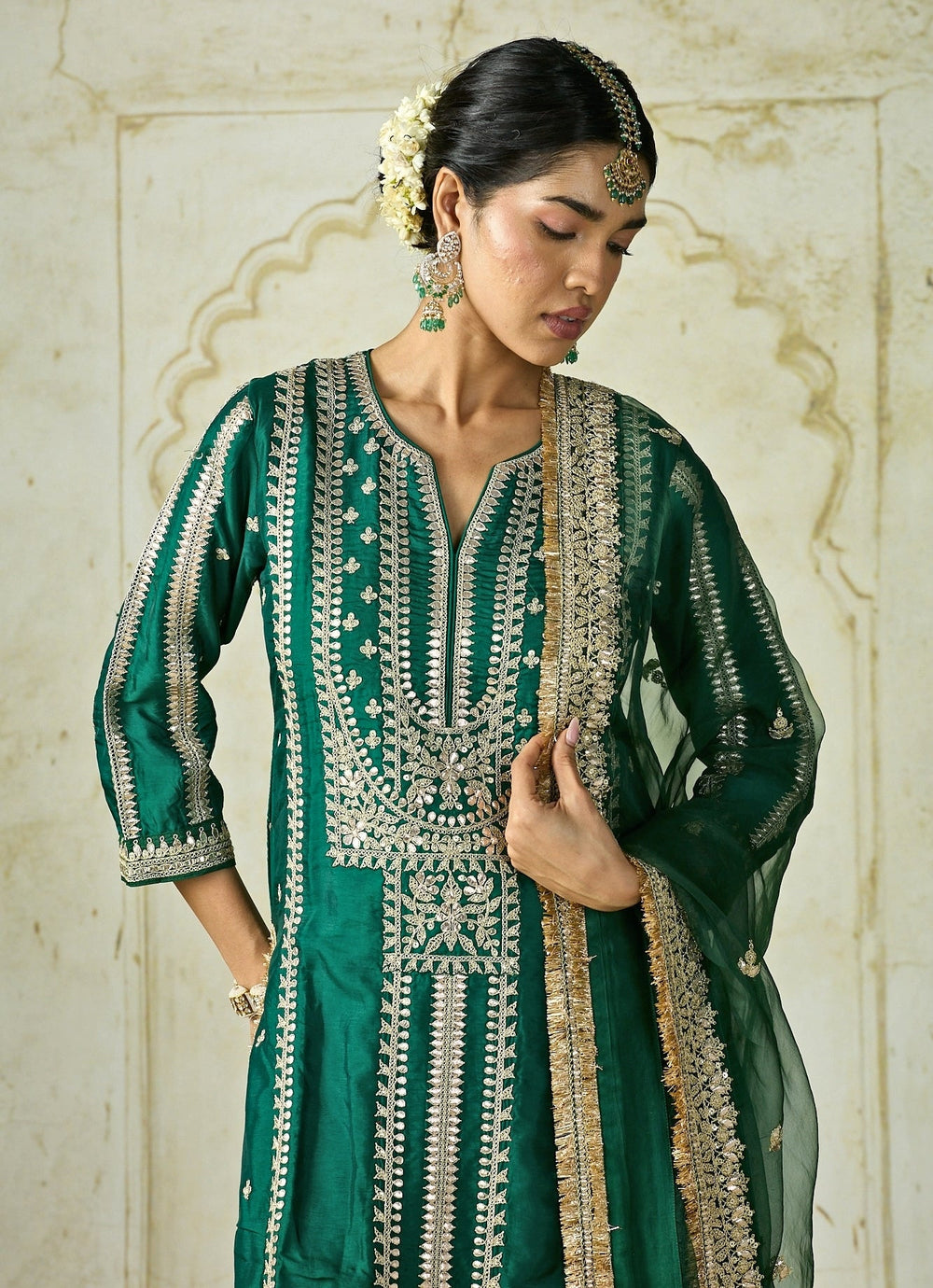Gopi Vaid Green Embroidered Tussar Kurta Palazzo SetFabilicious Fashion