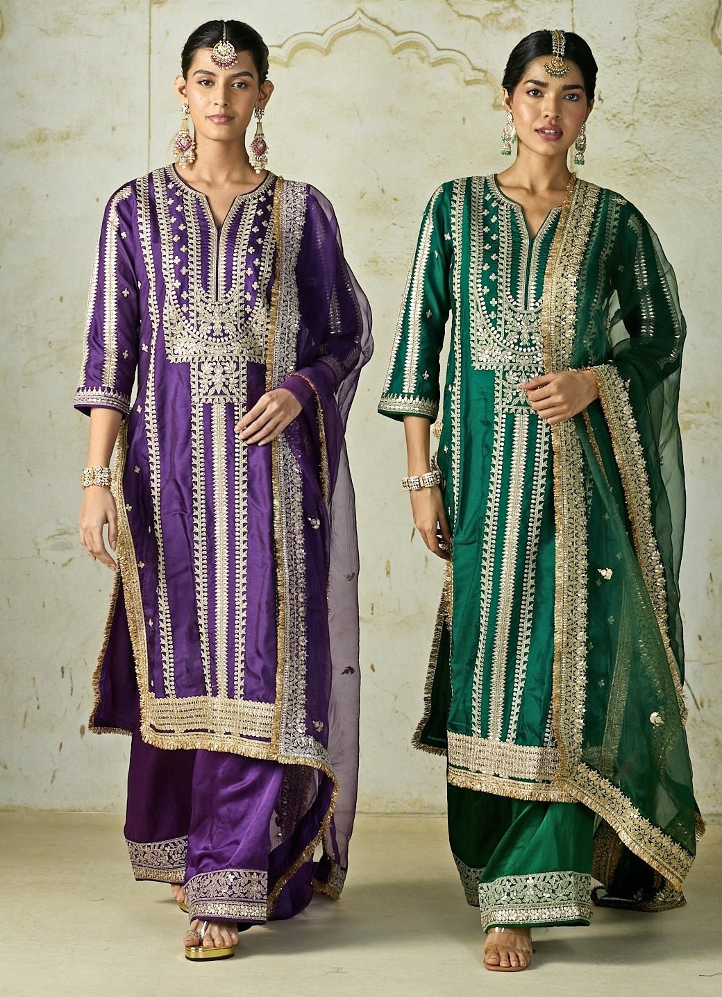 Gopi Vaid Green Embroidered Tussar Kurta Palazzo SetFabilicious Fashion