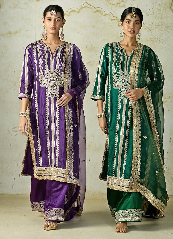 Gopi Vaid Green Embroidered Tussar Kurta Palazzo SetFabilicious Fashion