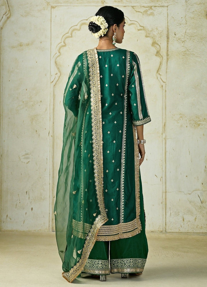 Gopi Vaid Green Embroidered Tussar Kurta Palazzo SetFabilicious Fashion