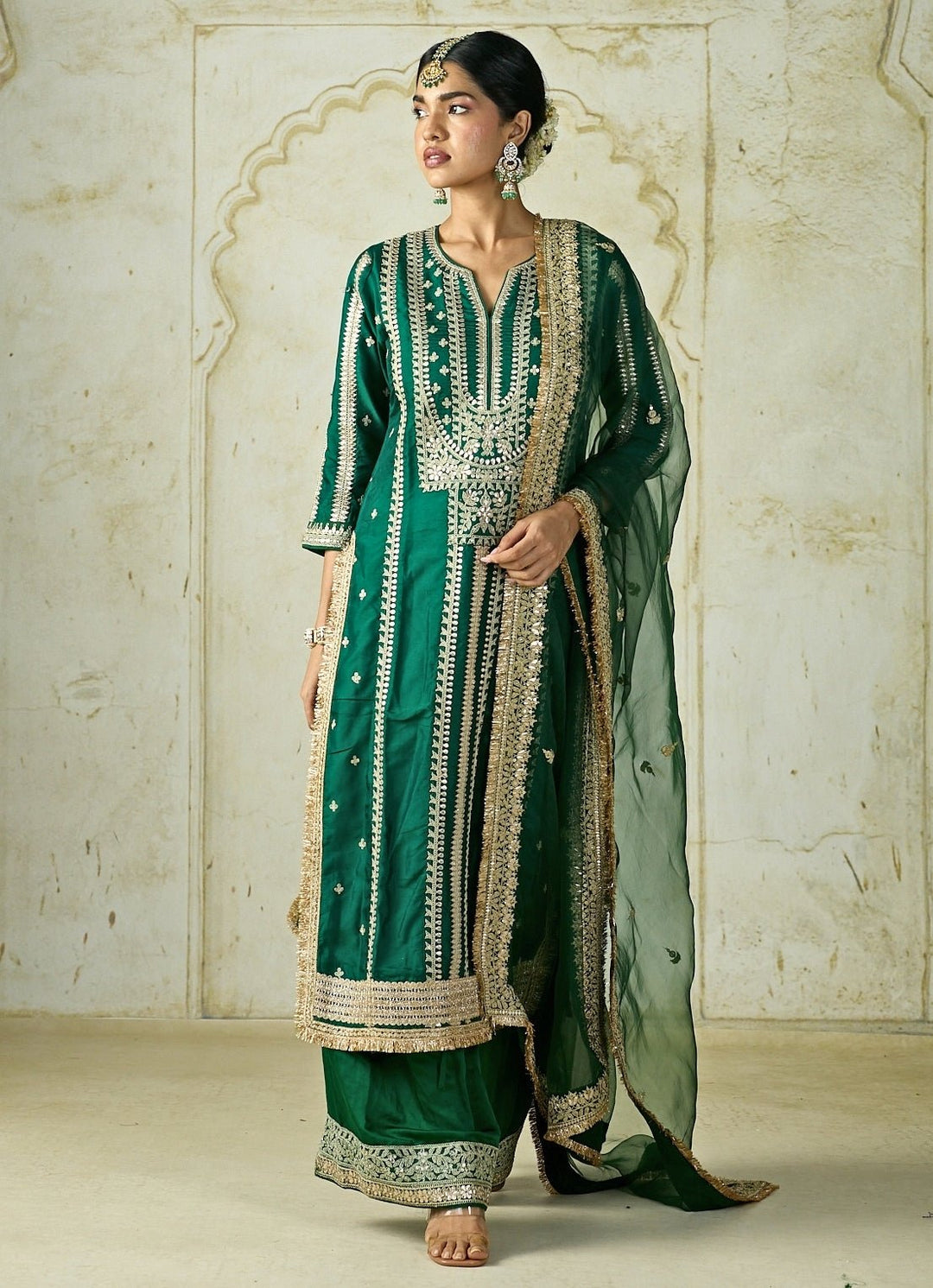Gopi Vaid Green Embroidered Tussar Kurta Palazzo SetFabilicious Fashion
