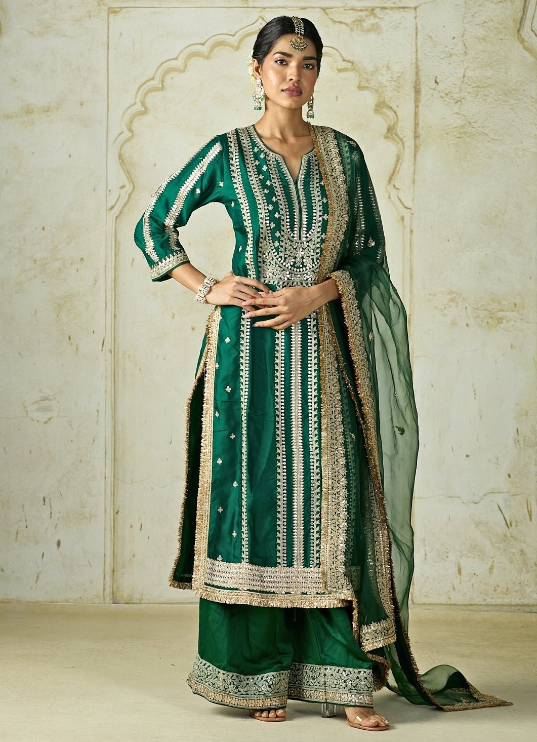 Gopi Vaid Green Embroidered Tussar Kurta Palazzo SetFabilicious Fashion