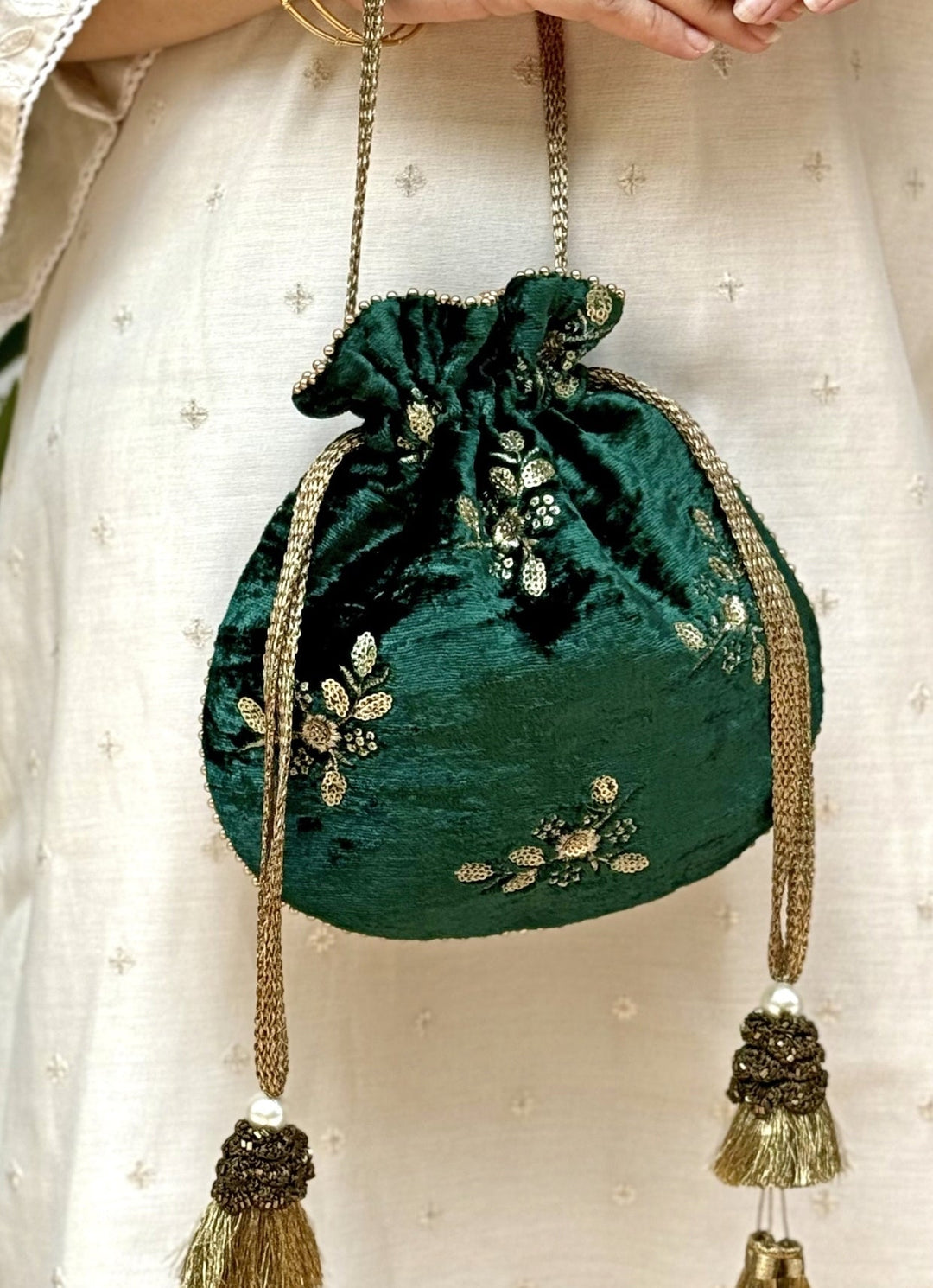 Amyra Green Embroidered Velvet PotliFabilicious Fashion