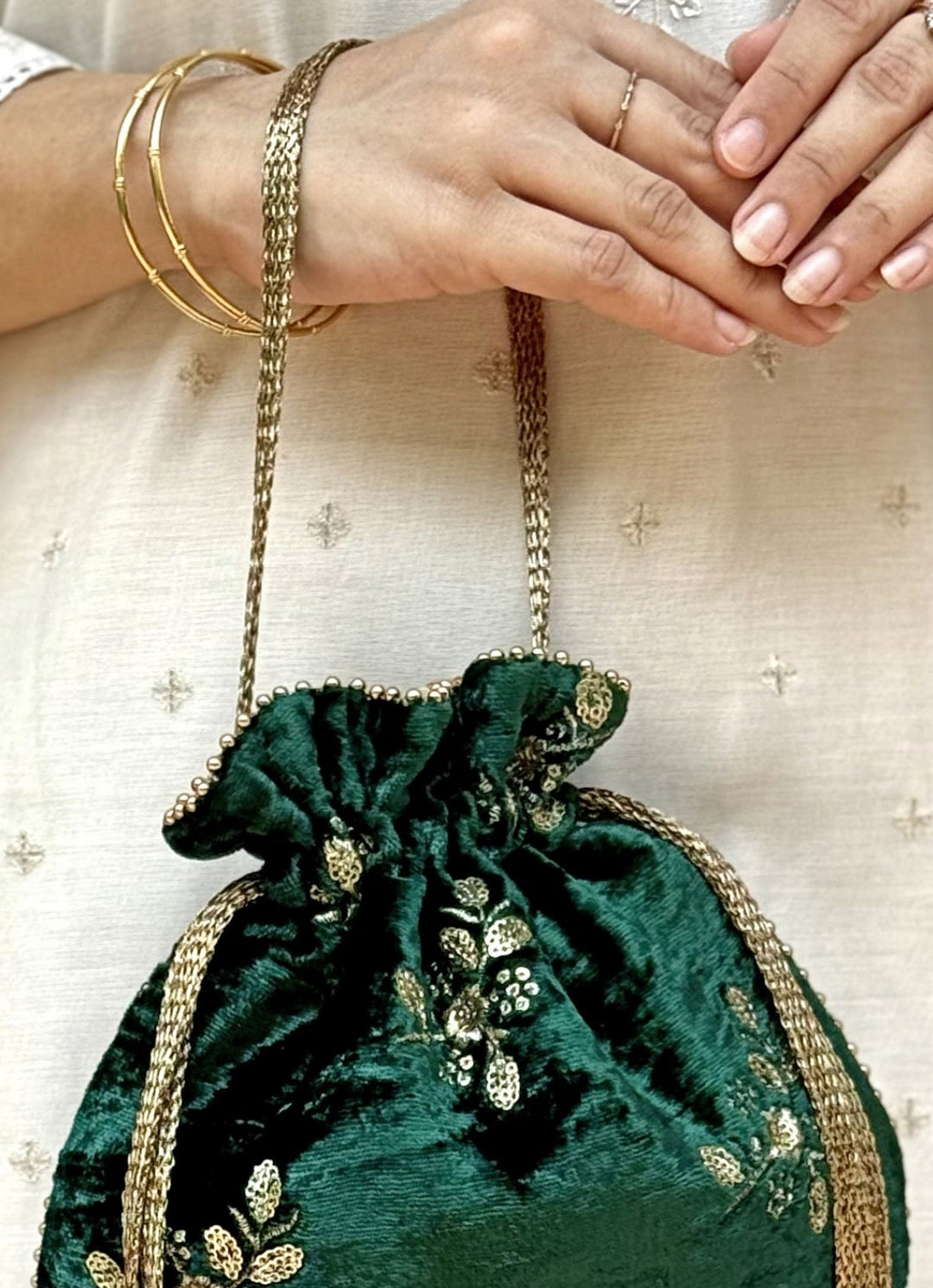 Amyra Green Embroidered Velvet PotliFabilicious Fashion