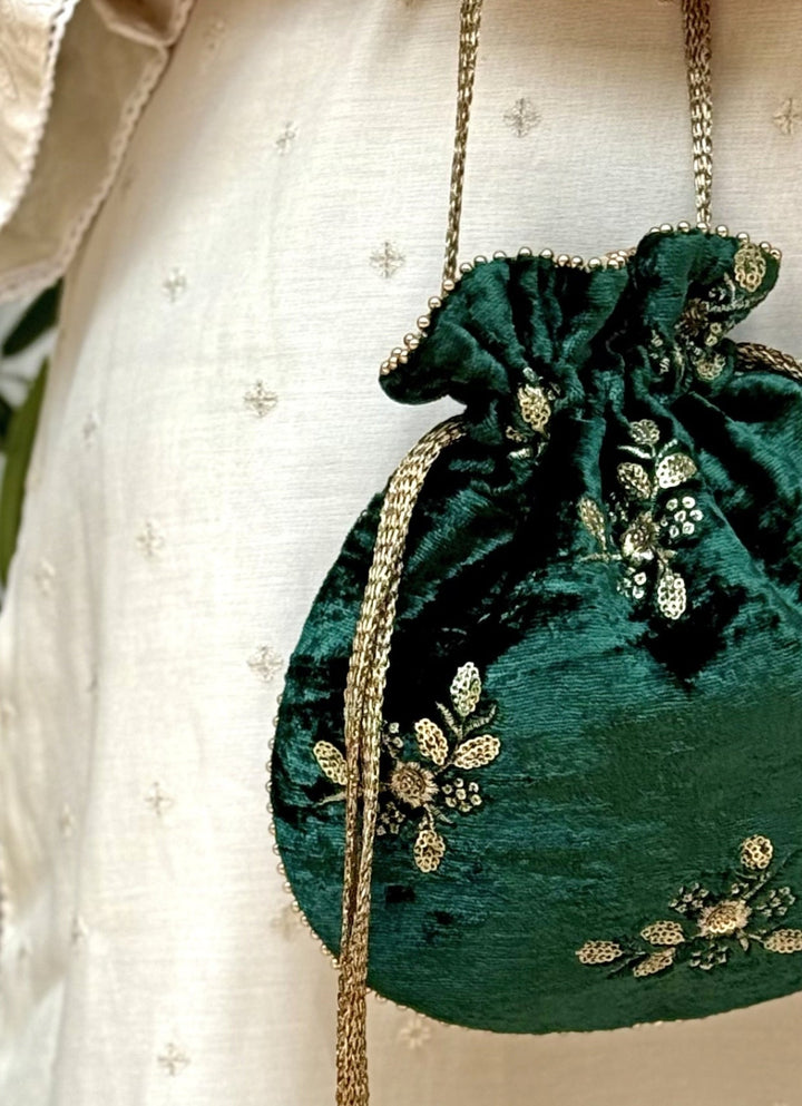 Amyra Green Embroidered Velvet PotliFabilicious Fashion