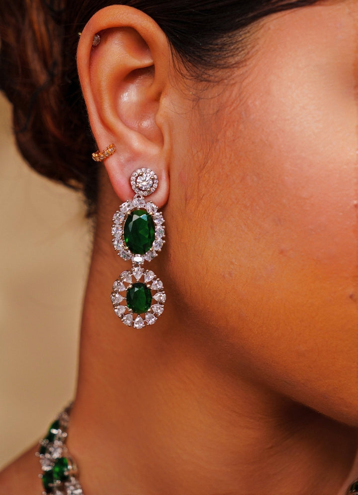 Green Emerald And Diamond Layered Pendant Necklace Set Zevar by Geeta - Fabilicious Fashion