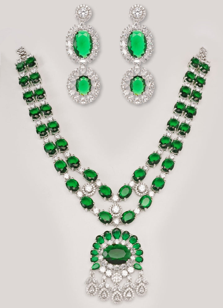 Green Emerald And Diamond Layered Pendant Necklace Set Zevar by Geeta - Fabilicious Fashion