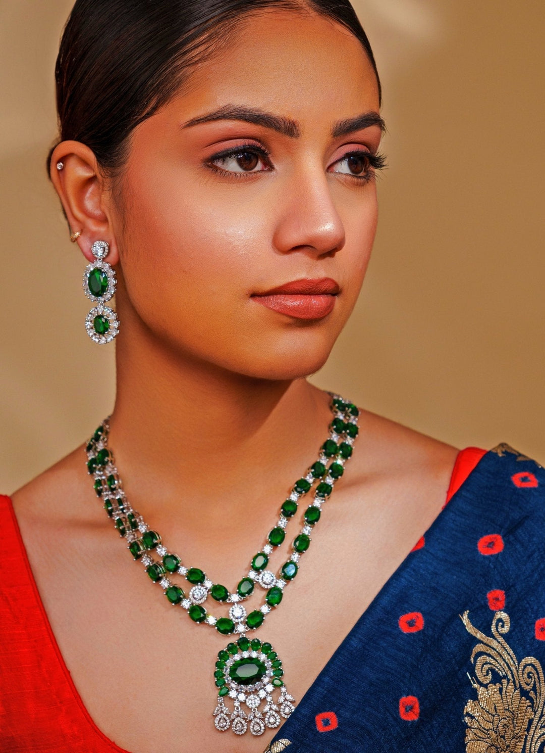 Green Emerald And Diamond Layered Pendant Necklace Set Zevar by Geeta - Fabilicious Fashion