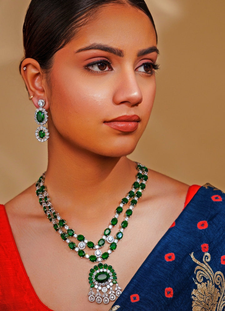 Green Emerald And Diamond Layered Pendant Necklace Set Zevar by Geeta - Fabilicious Fashion