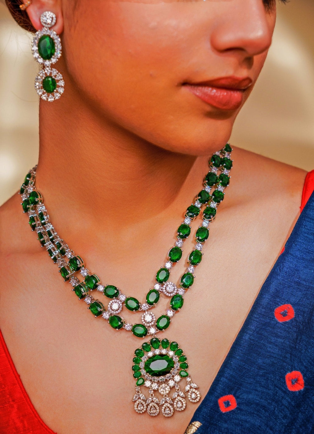 Green Emerald And Diamond Layered Pendant Necklace Set Zevar by Geeta - Fabilicious Fashion
