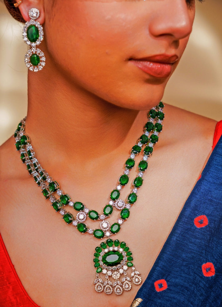 Green Emerald And Diamond Layered Pendant Necklace Set Zevar by Geeta - Fabilicious Fashion