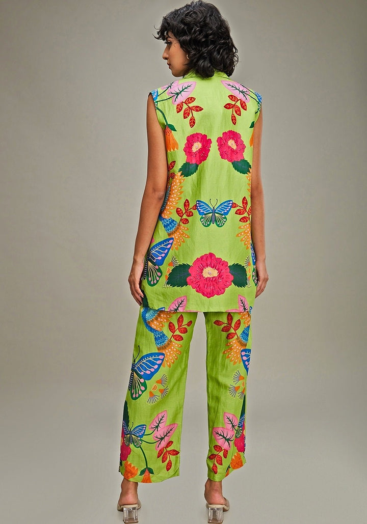 Green Floral Applique And Embroidered Linen Co Ord Set Soup By Sougat Paul - Fabilicious Fashion