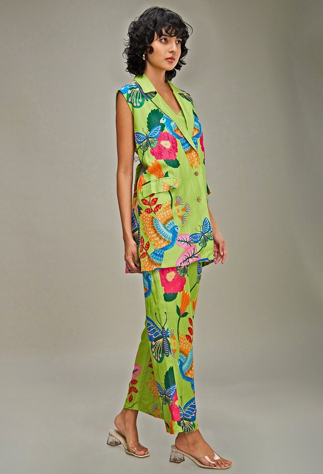 Green Floral Applique And Embroidered Linen Co Ord Set Soup By Sougat Paul - Fabilicious Fashion