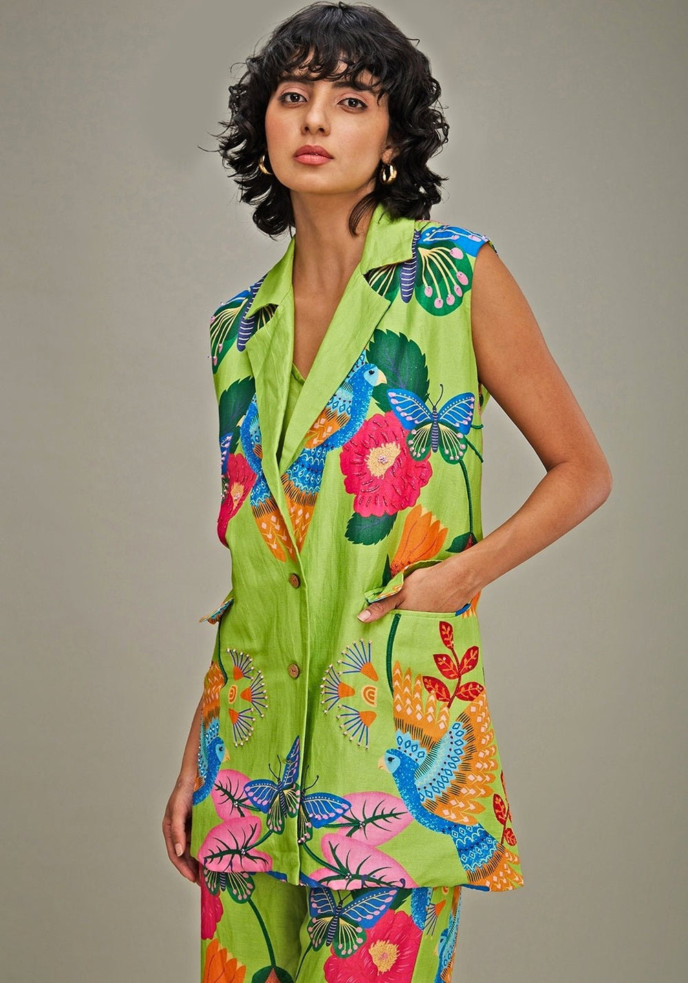 Green Floral Applique And Embroidered Linen Co Ord Set Soup By Sougat Paul - Fabilicious Fashion