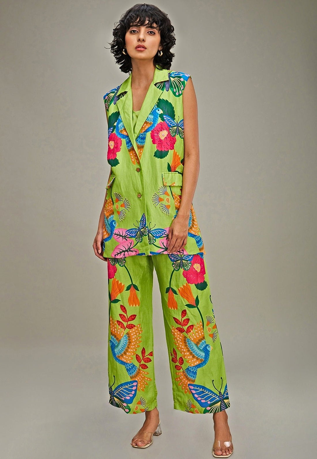 Green Floral Applique And Embroidered Linen Co Ord Set Soup By Sougat Paul - Fabilicious Fashion
