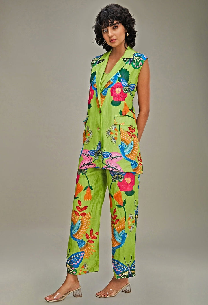 Green Floral Applique And Embroidered Linen Co Ord Set Soup By Sougat Paul - Fabilicious Fashion