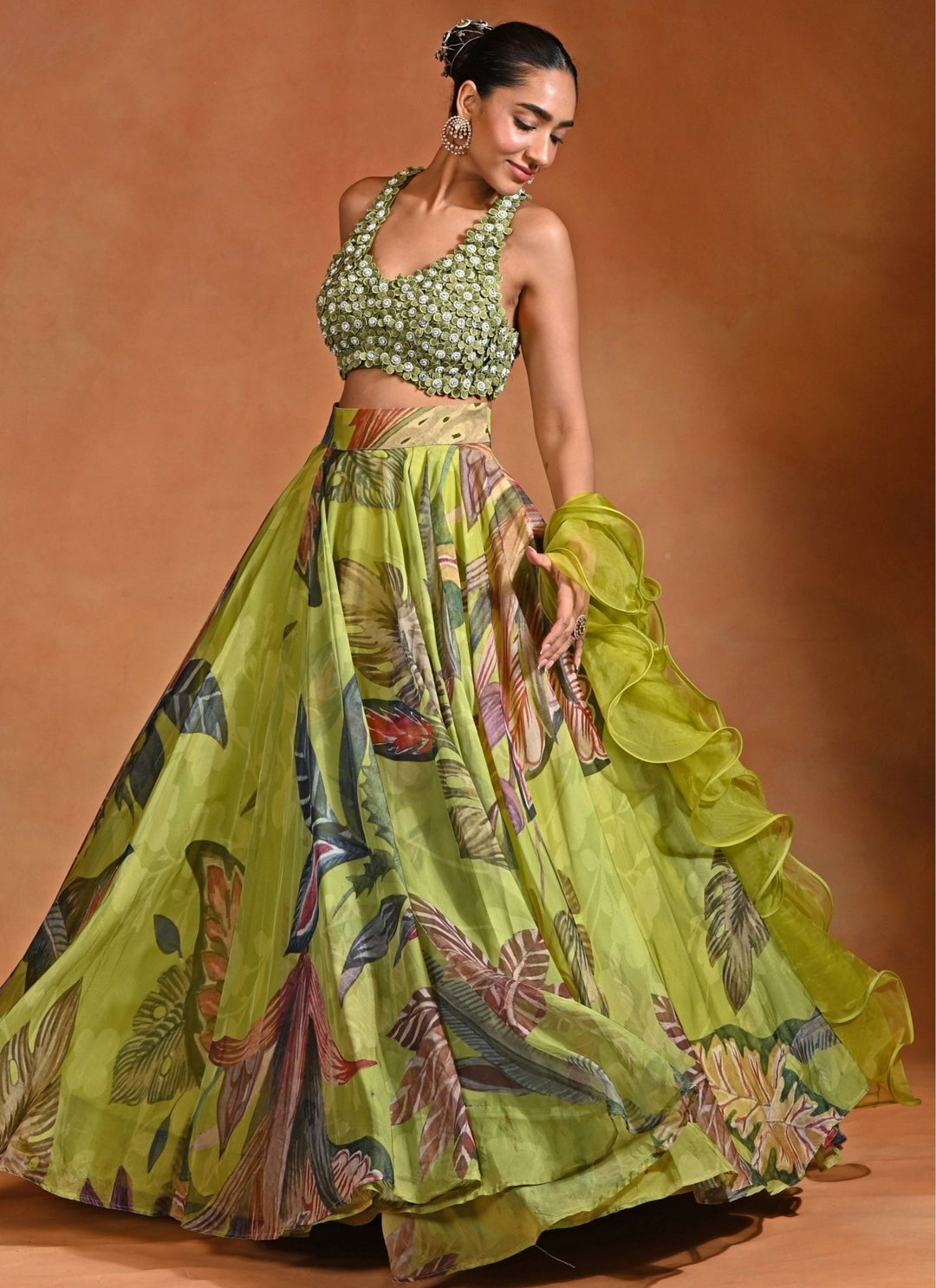 Rishi and Vibhuti Green Floral Organza Lehenga Set With Ruffle DupattaFabilicious Fashion