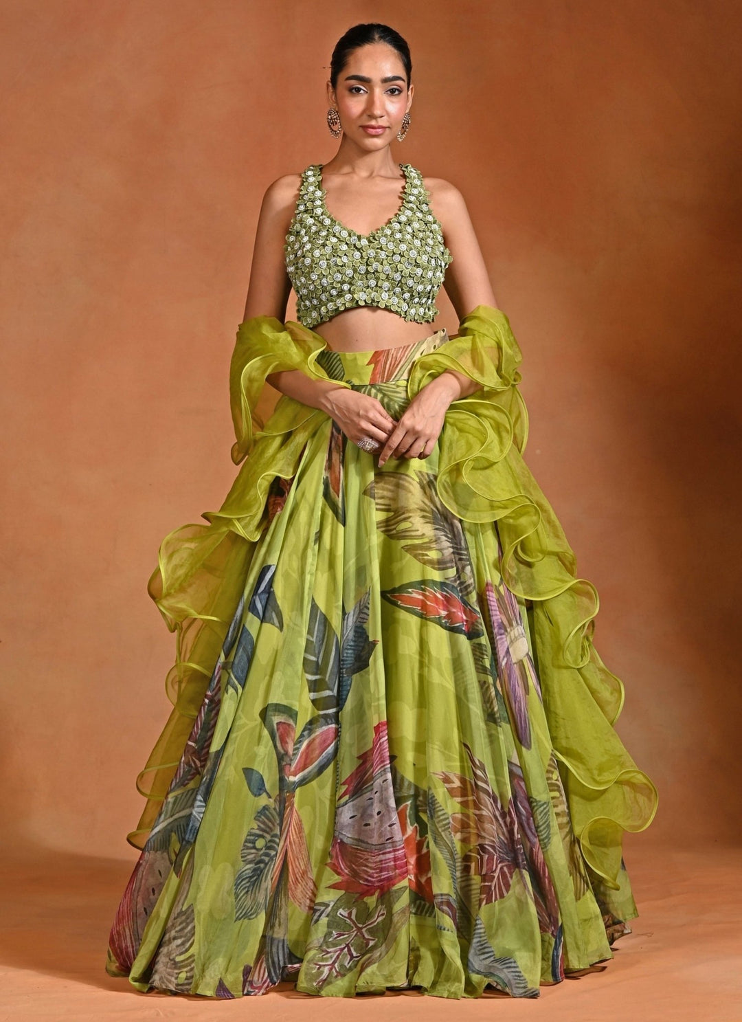 Rishi and Vibhuti Green Floral Organza Lehenga Set With Ruffle DupattaFabilicious Fashion