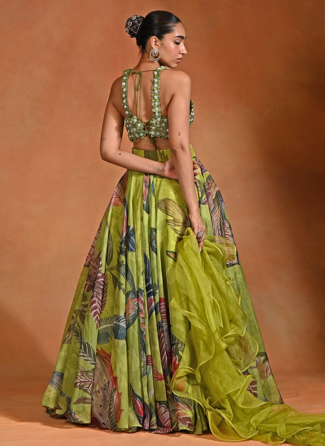 Rishi and Vibhuti Green Floral Organza Lehenga Set With Ruffle DupattaFabilicious Fashion