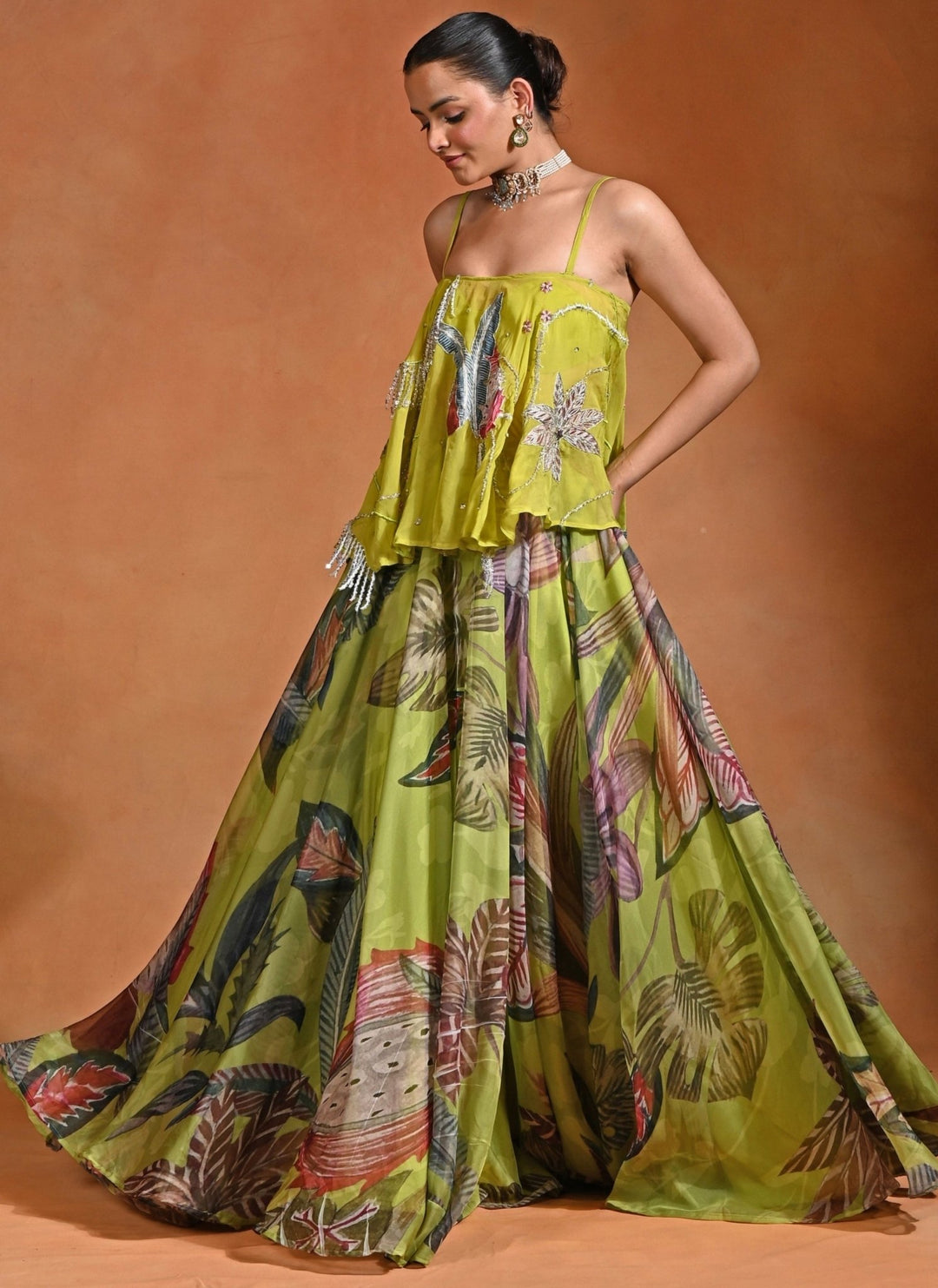 Rishi and Vibhuti Green Floral Organza Lehenga Set With TopFabilicious Fashion