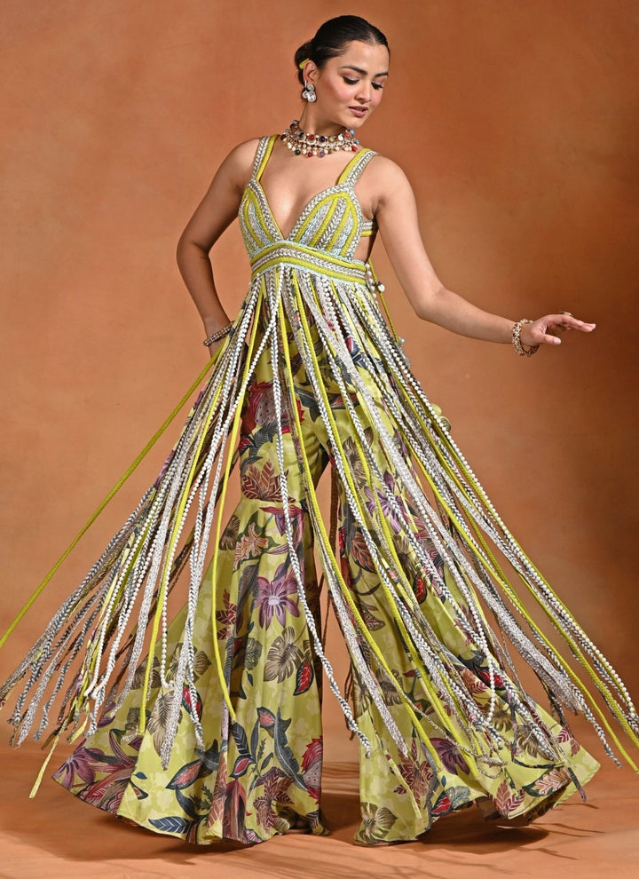 Rishi and Vibhuti Green Floral Printed Crepe Top And Flared PantsFabilicious Fashion