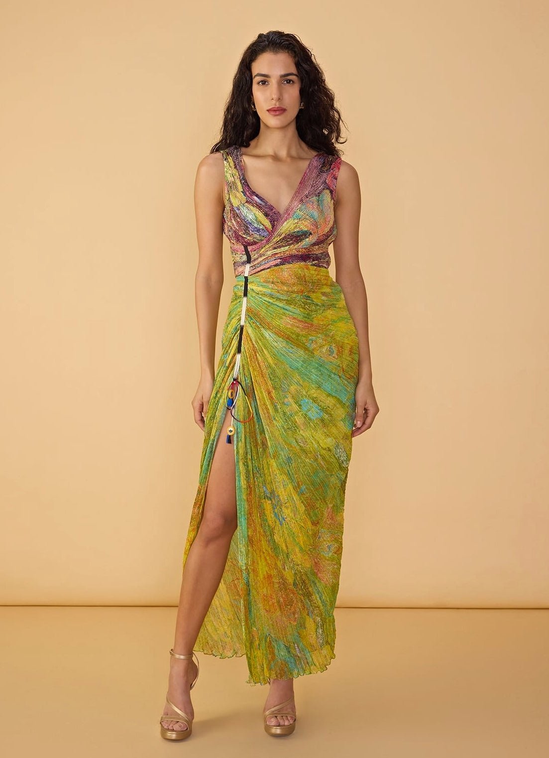 Green floral printed indowestern dress by Saaksha and Kinni
