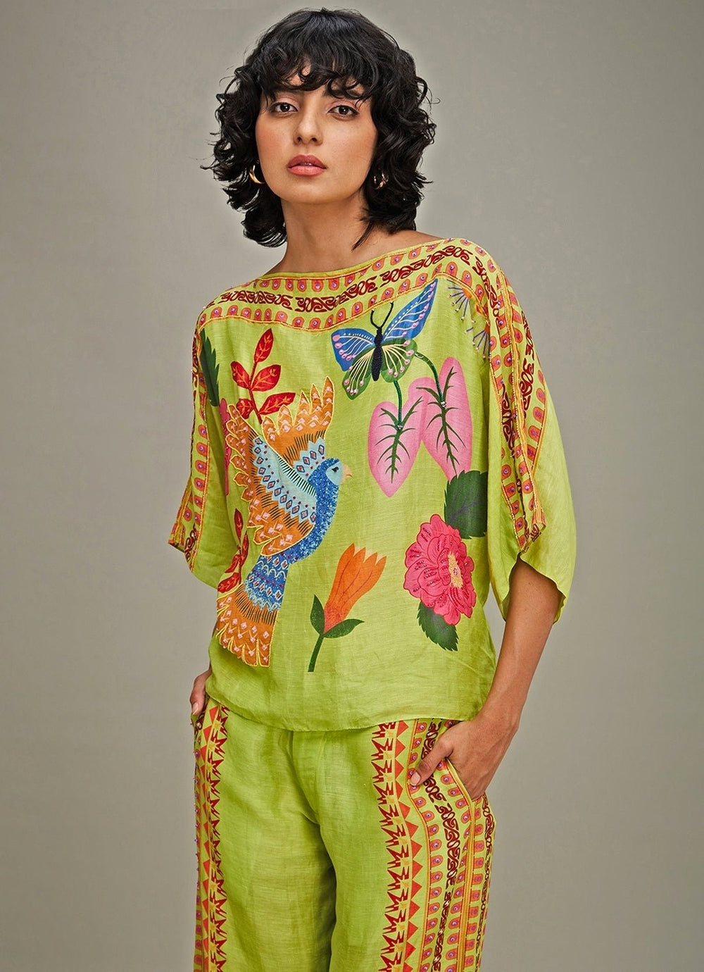 Green Floral Printed Kimono Top And Pant Set Soup By Sougat Paul - Fabilicious Fashion
