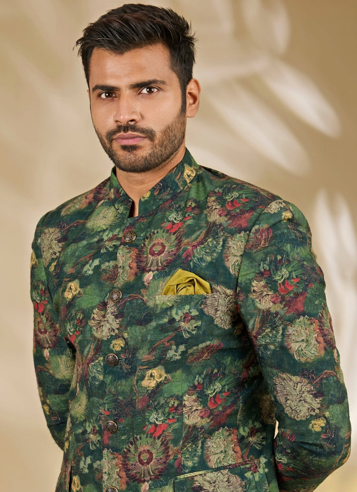 Manish Nagdeo Men Green Floral Printed Silk Bandhgala SetFabilicious Fashion