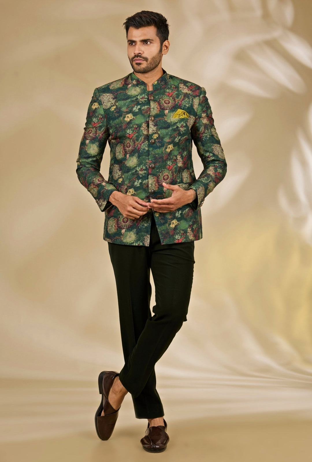 Manish Nagdeo Men Green Floral Printed Silk Bandhgala SetFabilicious Fashion