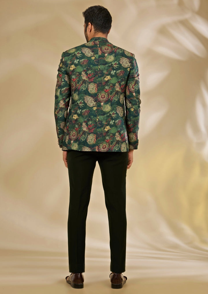 Manish Nagdeo Men Green Floral Printed Silk Bandhgala SetFabilicious Fashion