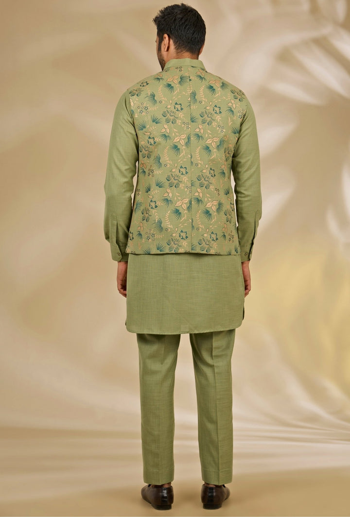 Green Floral Printed Silk Bundi Set Manish Nagdeo - Fabilicious Fashion