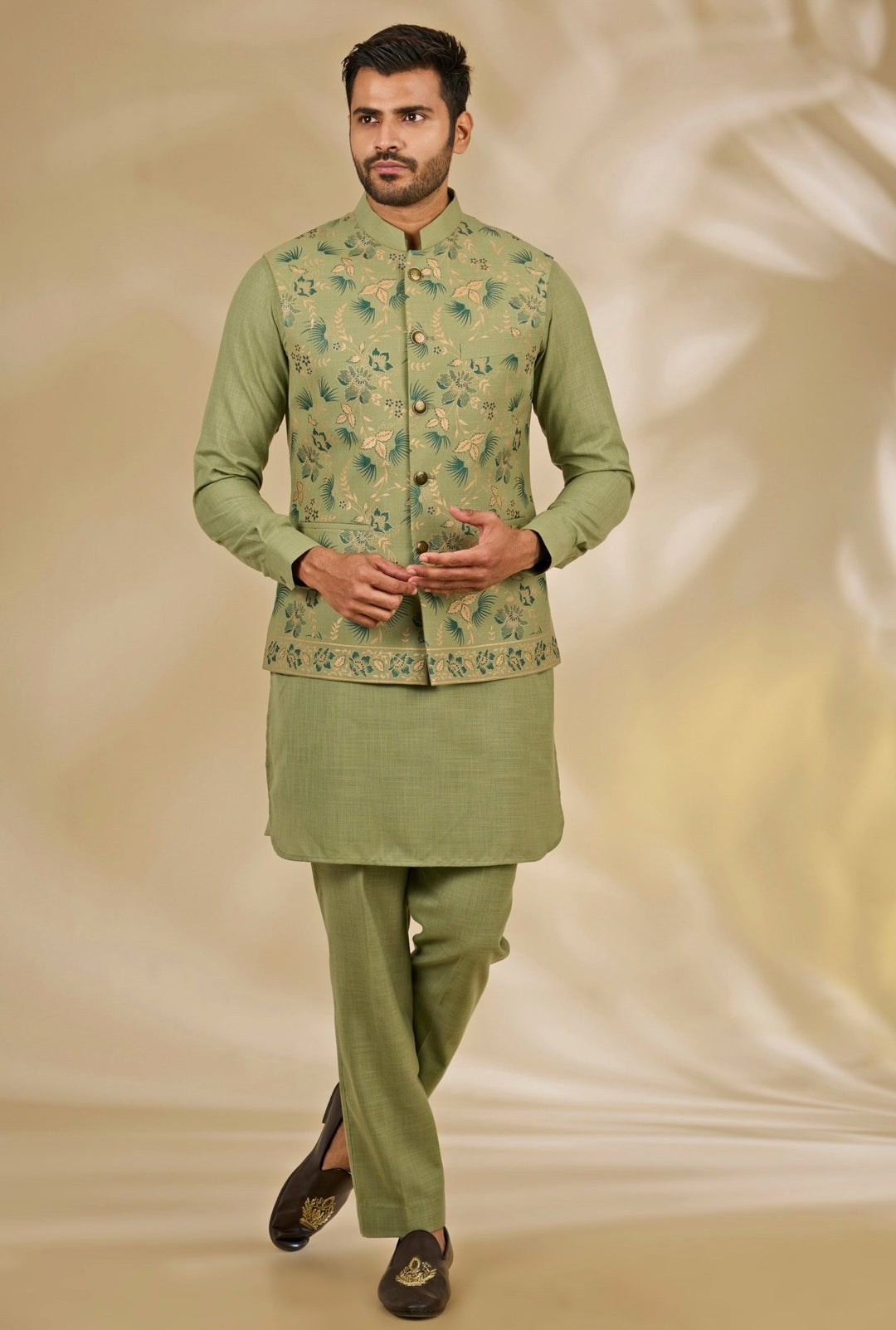 Green Floral Printed Silk Bundi Set Manish Nagdeo - Fabilicious Fashion