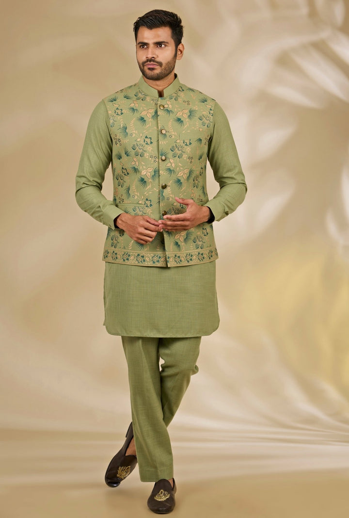 Green Floral Printed Silk Bundi Set Manish Nagdeo - Fabilicious Fashion