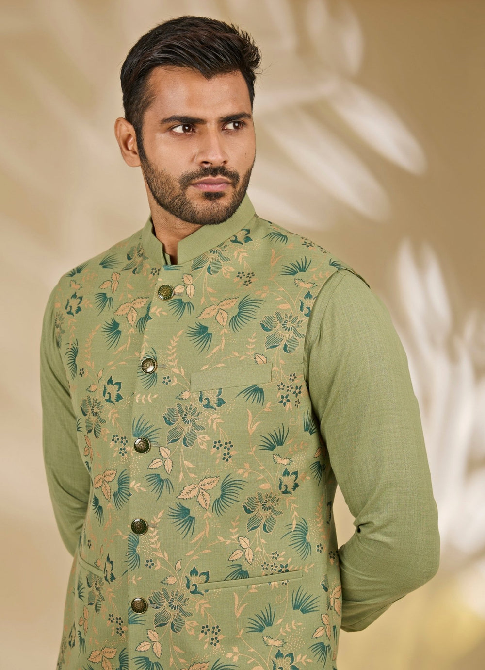 Green Floral Printed Silk Bundi Set Manish Nagdeo - Fabilicious Fashion