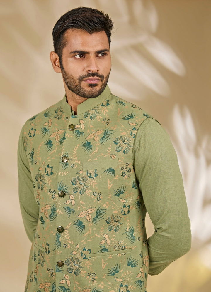 Green Floral Printed Silk Bundi Set Manish Nagdeo - Fabilicious Fashion
