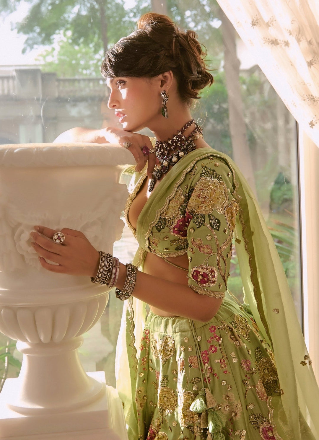 Green Floral Silk Lehenga Set Paulmi and Harsh - Fabilicious Fashion