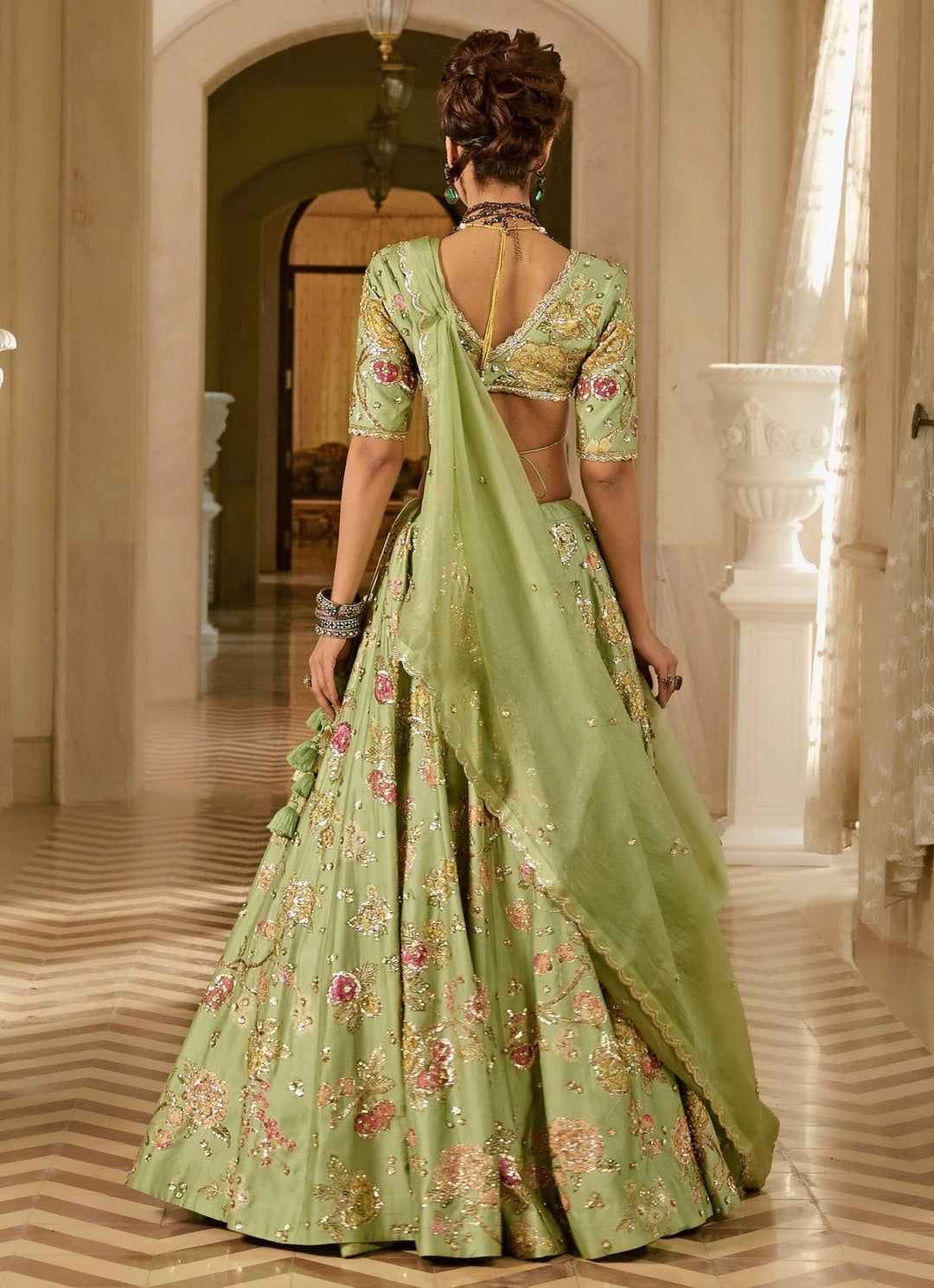 Green Floral Silk Lehenga Set Paulmi and Harsh - Fabilicious Fashion