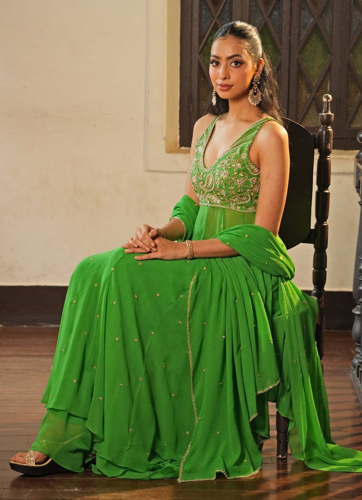 Green Georgette Anarkali Set With Sharara Enamour by Radha - Fabilicious Fashion