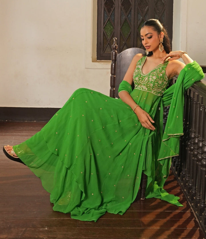 Green Georgette Anarkali Set With Sharara Enamour by Radha - Fabilicious Fashion