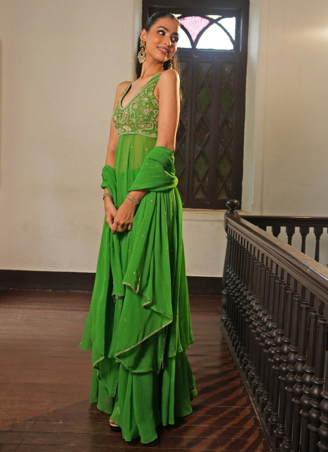 Green Georgette Anarkali Set With Sharara Enamour by Radha - Fabilicious Fashion
