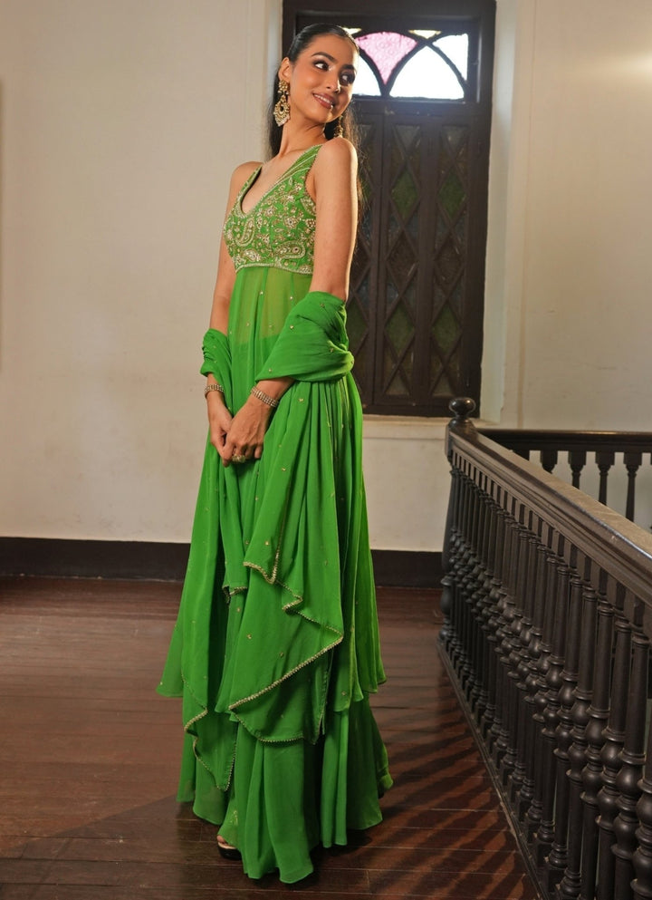 Green Georgette Anarkali Set With Sharara Enamour by Radha - Fabilicious Fashion