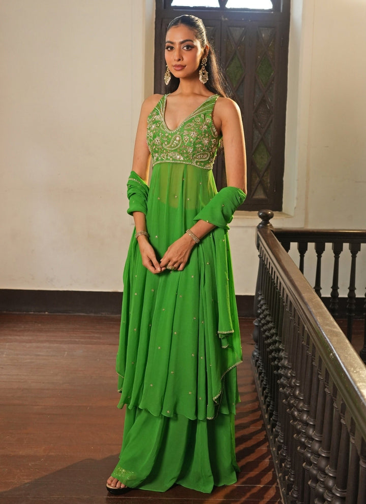 Green Georgette Anarkali Set With Sharara Enamour by Radha - Fabilicious Fashion