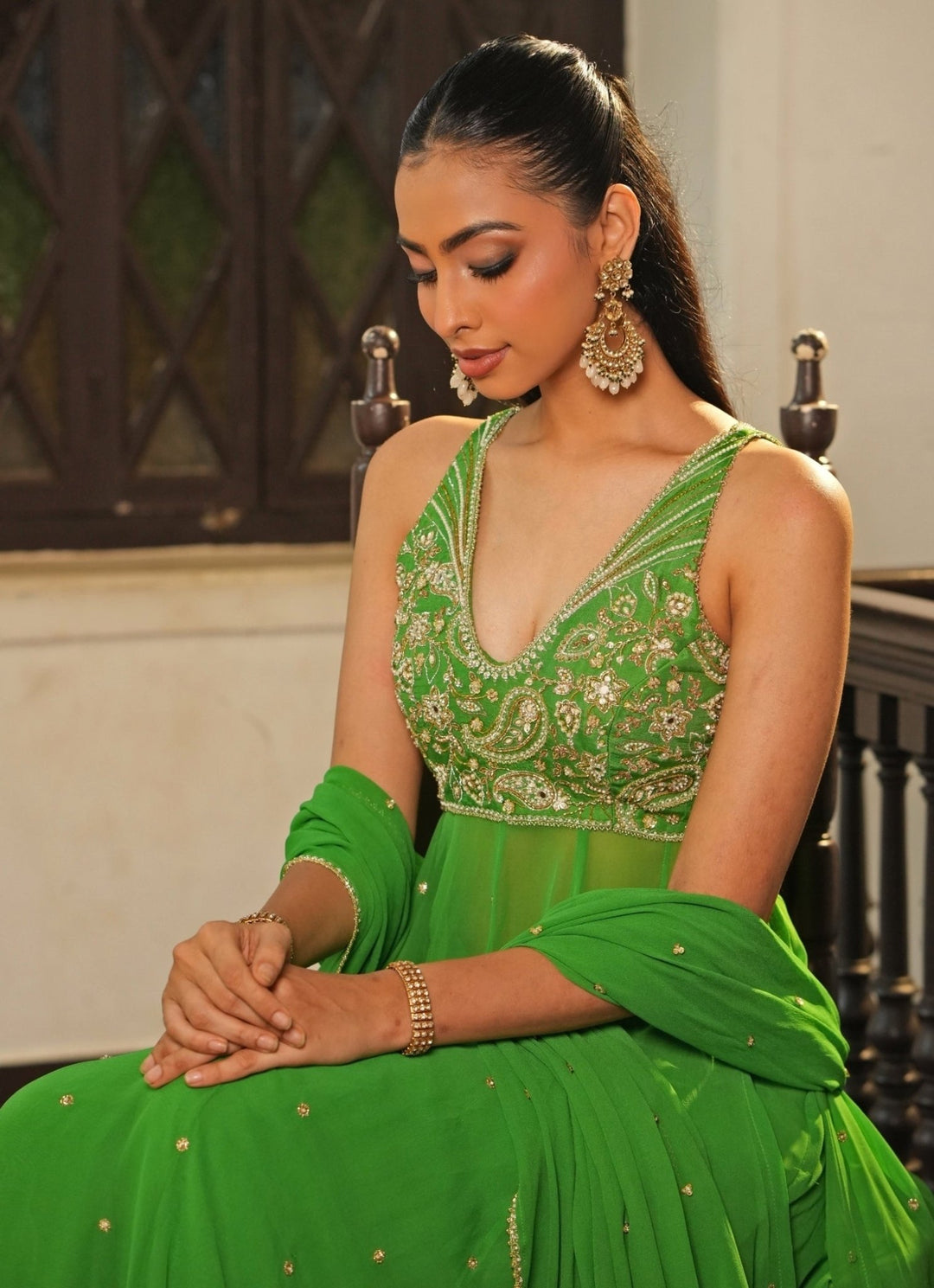 Green Georgette Anarkali Set With Sharara Enamour by Radha - Fabilicious Fashion