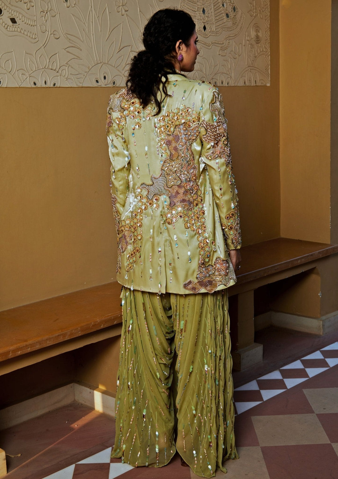 Green Georgette Jumpsuit With Embroidered Blazer Moledro - Fabilicious Fashion
