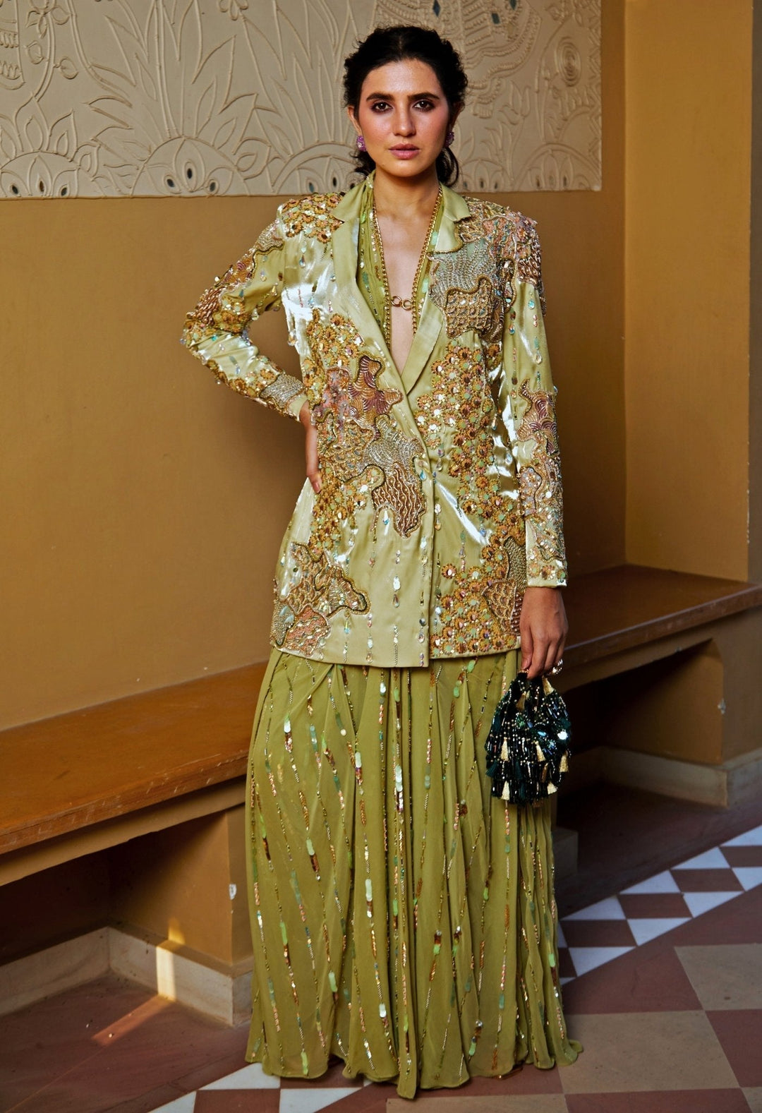 Green Georgette Jumpsuit With Embroidered Blazer Moledro - Fabilicious Fashion