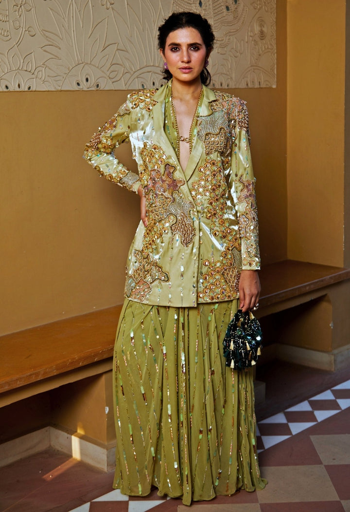 Green Georgette Jumpsuit With Embroidered Blazer Moledro - Fabilicious Fashion